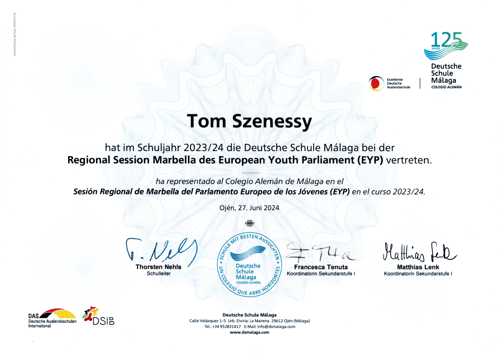 European Youth Parliament certificate