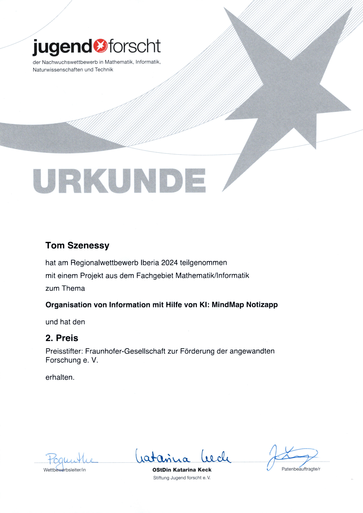 Jugend forscht 2024 certificate