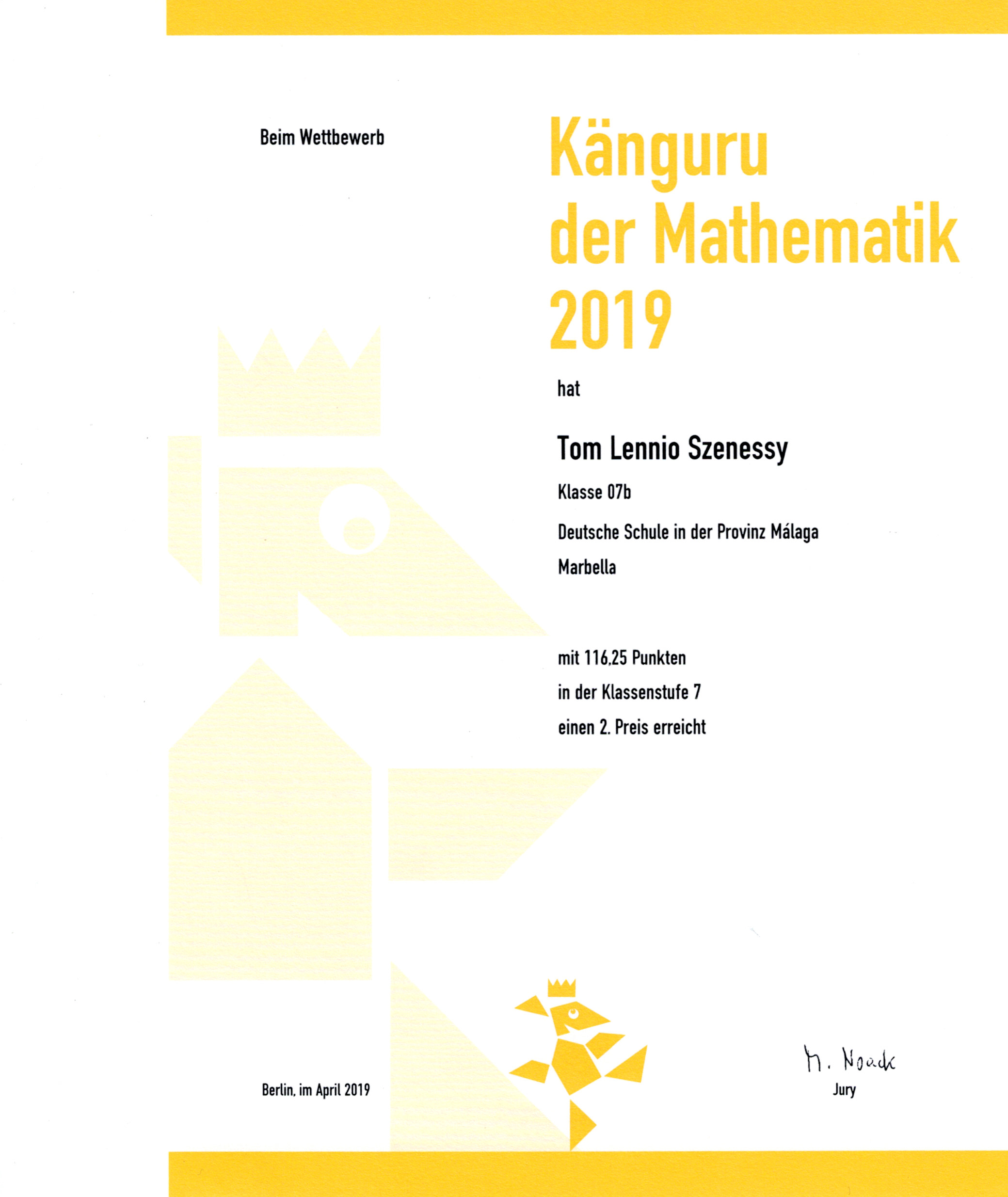 Kangaroo Mathematics 2019 certificate