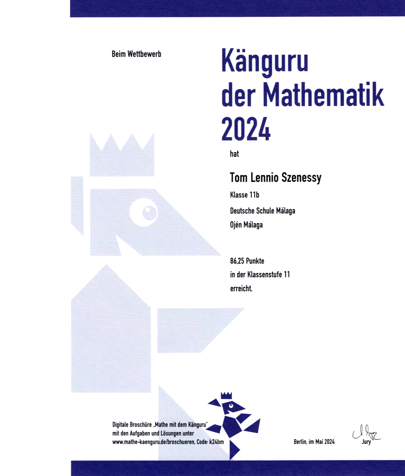 Kangaroo Mathematics 2024 certificate